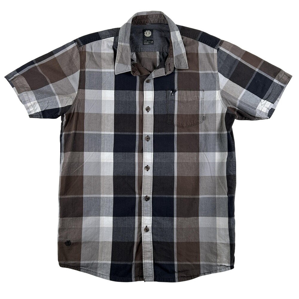 Element Shirt Mens Large Brown Gray Plaid Short Sleeve Button Front Casual